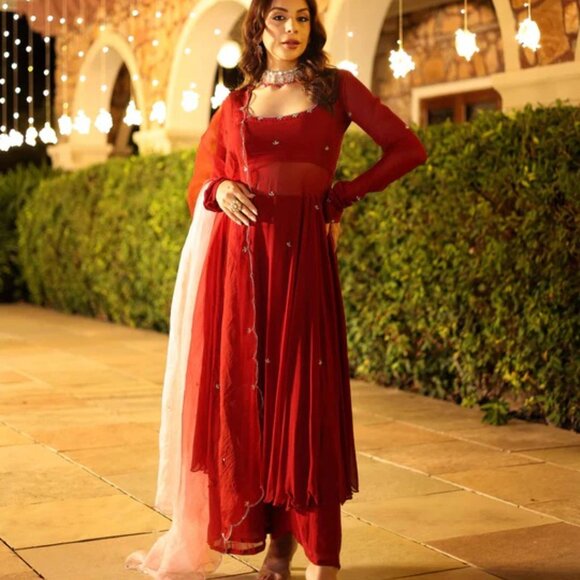 Maroon Blush Embroidered Georgette Suit Set, S-XL US Size Free Shipping - Picture 5 of 6